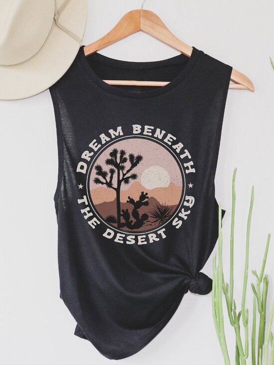 Woman Tank Top Tops - Women’s Desert Sky Graphic Muscle Tank 🌵🌅 | Joshua Tree Cactus Aesthetic Tank